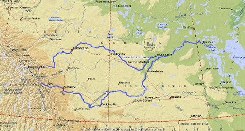 Saskatchewan River map showing Alberta, Saskatchewan, and Manitoba
